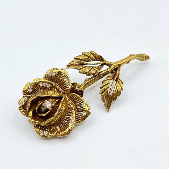 Goldette Antiqued Gold Tone Metal Rose Flower Rhinestone Pin Brooch Estate - Picture 2 of 7
